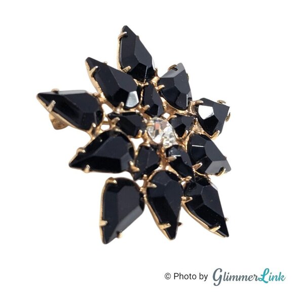 Vintage Black Flower Starburst Star Rhinestones Mid Century Gold Tone Brooch Pin - Picture 2 of 8